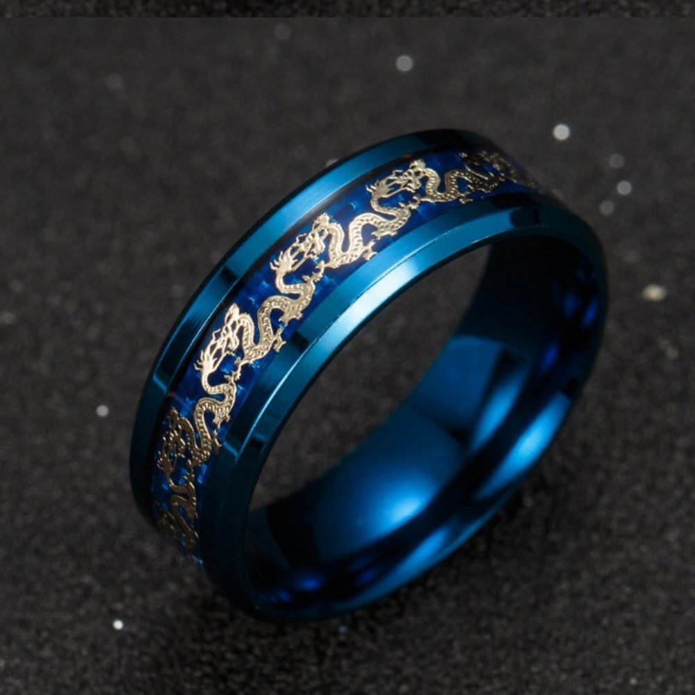 Ronan Men's Ring - Blue Titanium Steel with Gold Dragon Inlay  - NEW SIZES